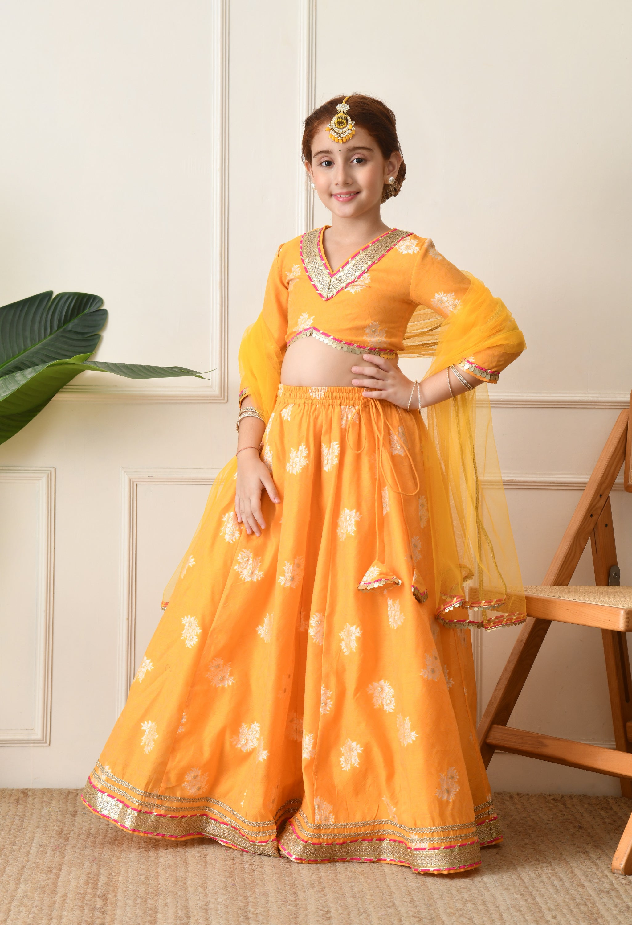 Girls Mustard Yellow Embroidered Lehenga Choli Set with Net Dupatta