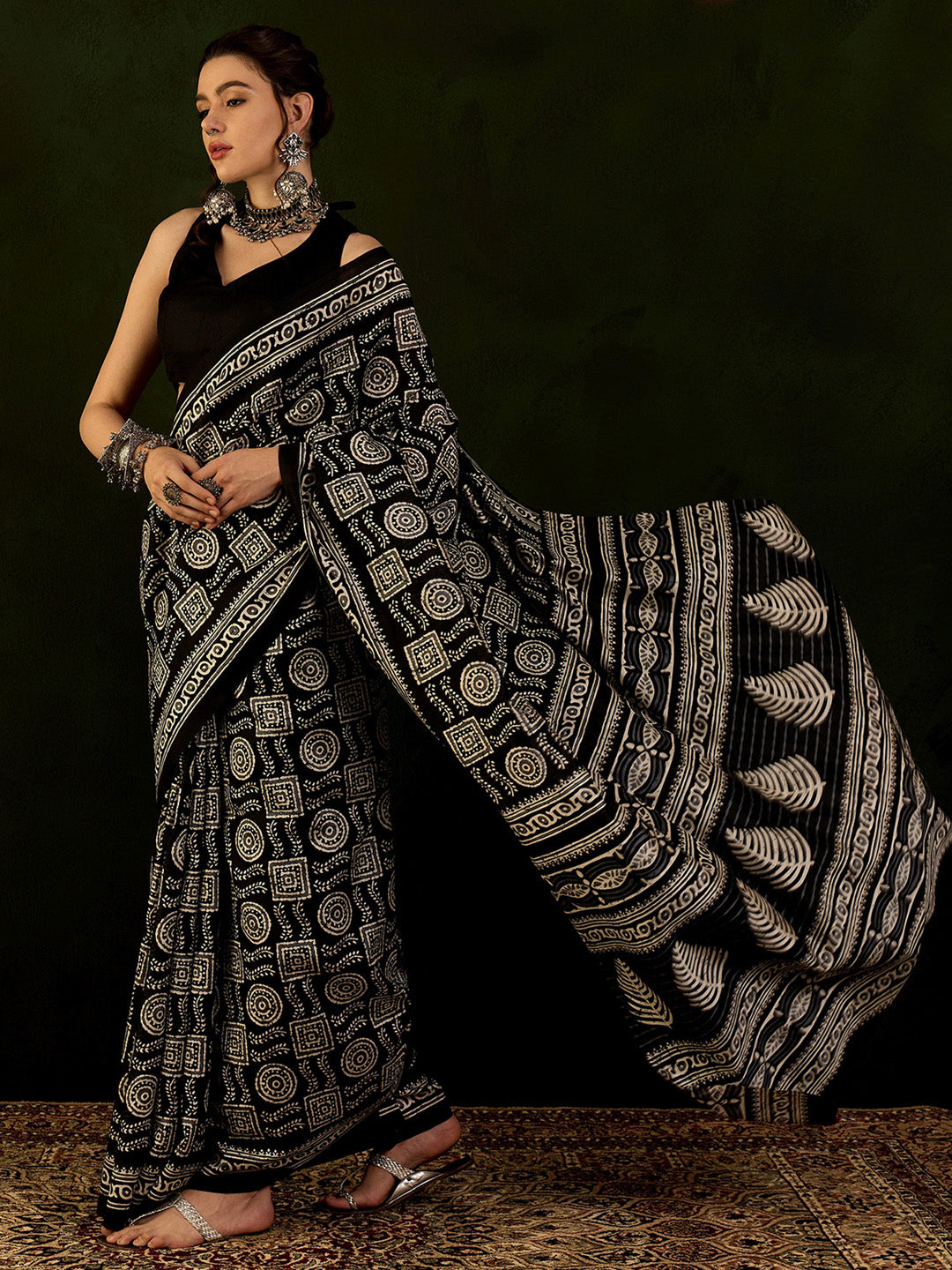 Women's Bhagalpuri Silk Black Printed Designer Saree With Blouse Piece