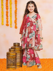 Silk blend Woven Three-Quarter Sleeves Floral Print Flared Kurta And Sharara With Dupatta Set - Maroon