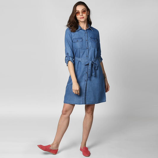StyleStone Women's Blue Denim Double Pocket Double Flap Dress