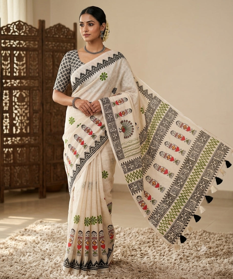 Soft linen saree with shaded style prints.