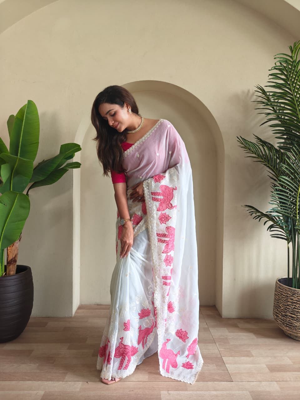 silk Saree with applique work pattern all over the Saree with embroidery and scallop  Border all over