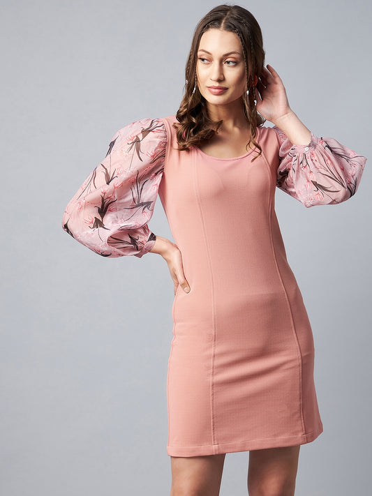 Women's Pink BodyCon Dress with Digitally Printed Organza Sleeve