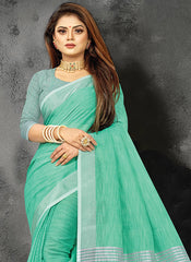 Elegant Peach Woven Linen Saree with Contrast Zari Border & Tassels – Soft & Breathable Party Wear