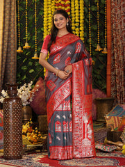 Traditional Red Art Silk Temple Border Festive Wedding Wear Saree
