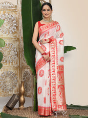 Premium Woven Linen Cotton Saree with Traditional Zari Border – Elegant Festive Look Perfect for Durga Puja, Navratri & Bengali Celebrations