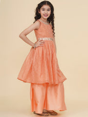 Girls Peach Self design Kurta with Sharara