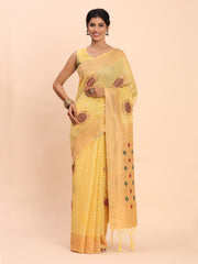 Elegant Linen Cotton Saree with Woven Pallu, Big Butta Work & Tassels - Office & Festive Wear