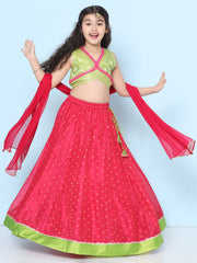 Girls Green & Pink Woven Design Choli, Ready to Wear Lehenga with Dupatta