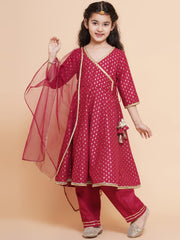 Girls Ethnic Motifs Printed Angrakha Pure Cotton Kurta with Trousers & Dupatta