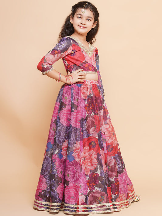 Girls Purple & Pink Digital Flower Print Lace work Choli Lehenga with Dupatta