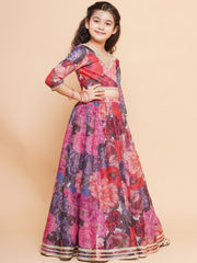 Girls Purple & Pink Digital Flower Print Lace work Choli Lehenga with Dupatta