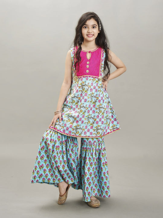 Girls Blue Floral Printed Kurta With Sharara
