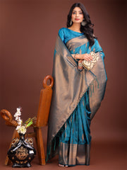 Teal Blue Linen Cotton Saree with Golden Zari Leaf Woven Design & Rich Pallu – Festive Wear | Office Look | Soft Drape
