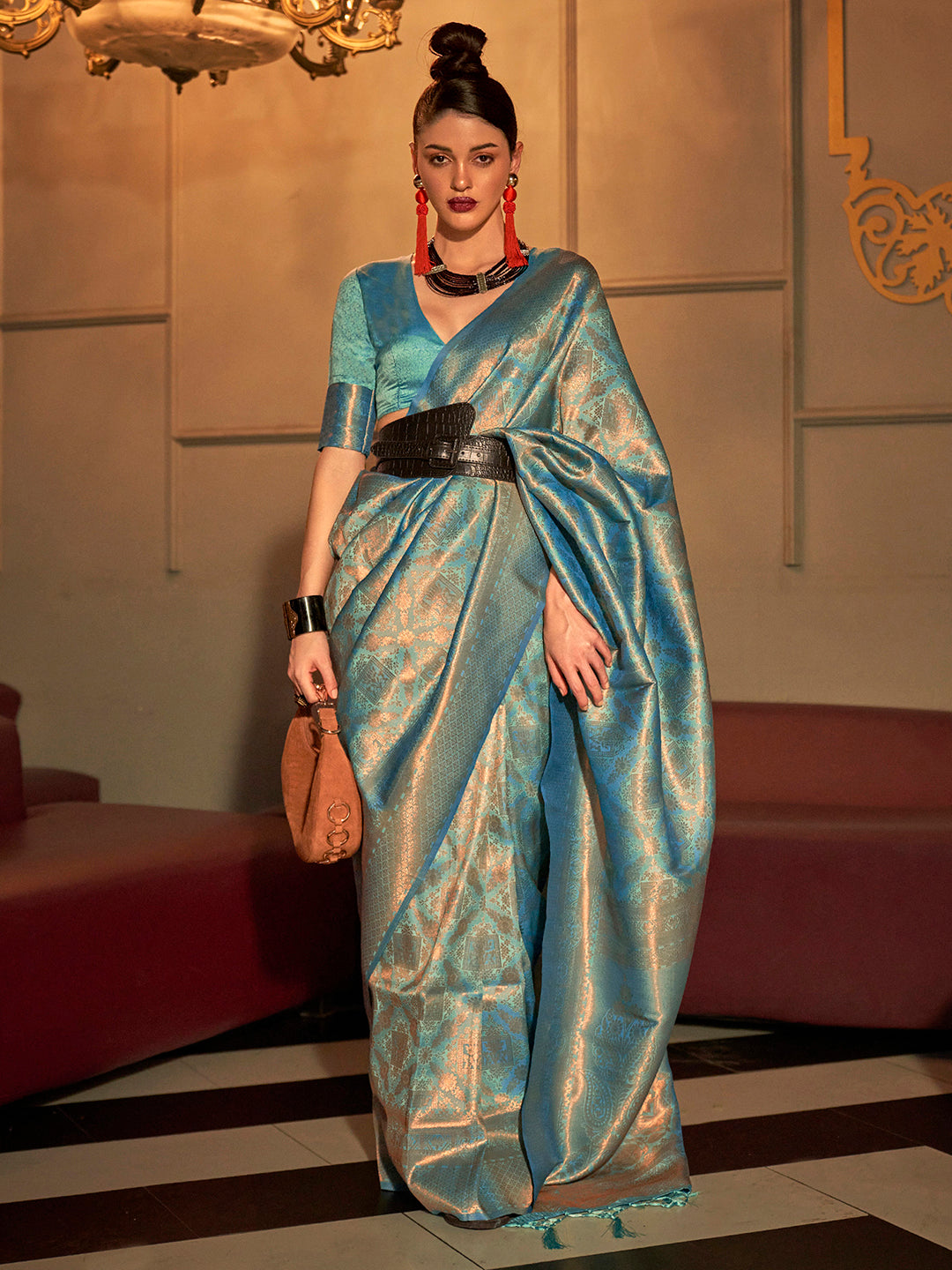 Women's Silk Blend Tealblue WovenDesign HandloomSaree With Blouse Piece
