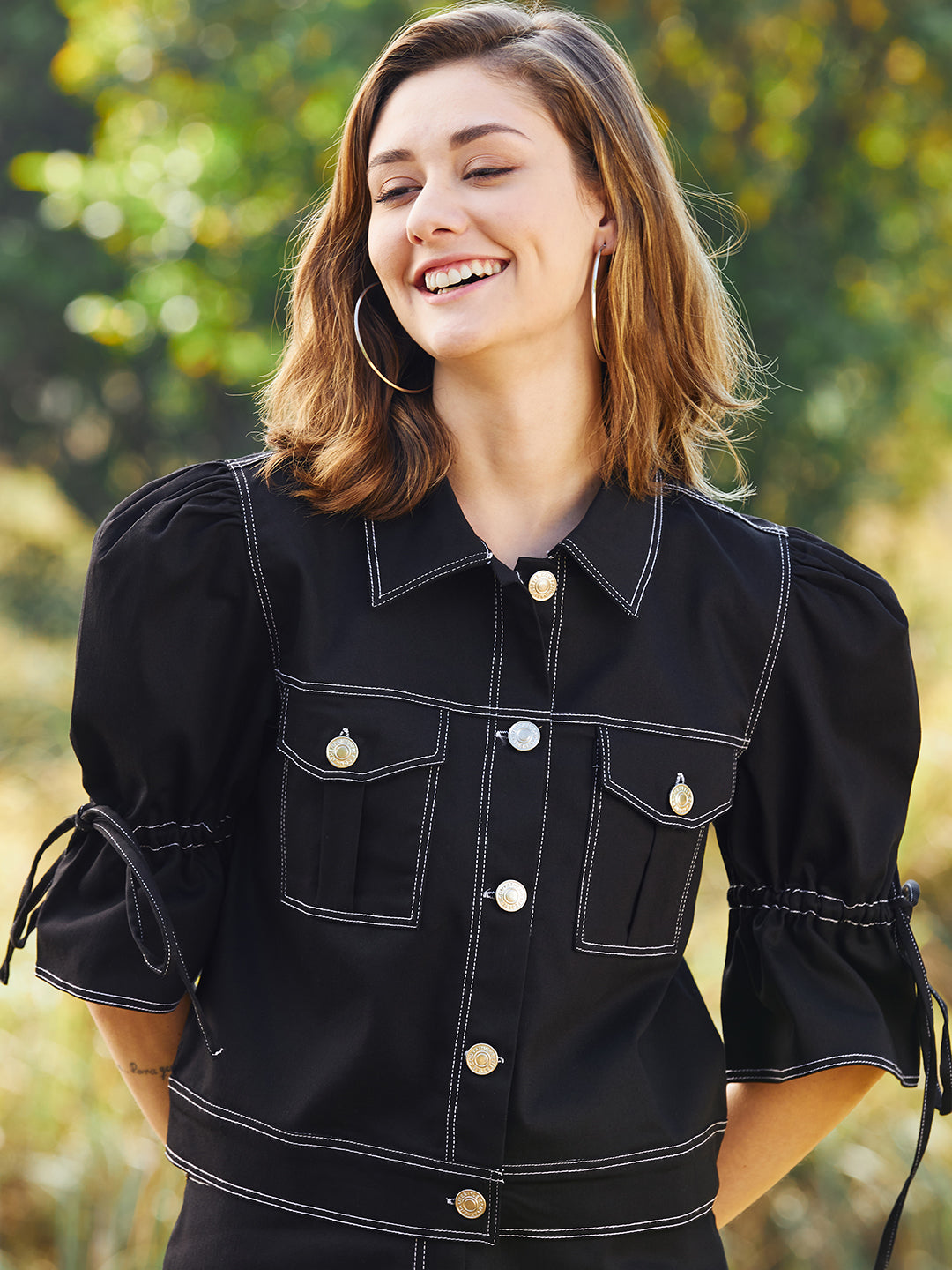 Women Puff Sleeve Denim Top With Trousers Co-Ords