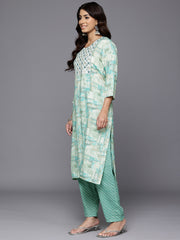 Women Tourquoise Blue  Round Neck Embroidered Yoke Printed Kurta Paired With Printed Bottom & Tie-Dye Dupatta