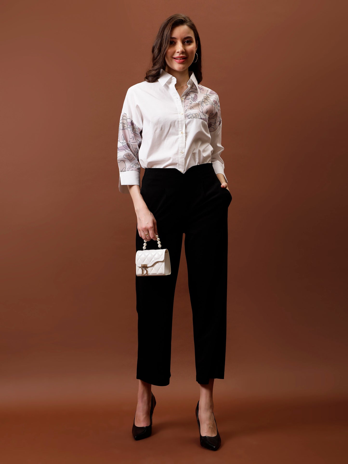 Roll-Up Sleeves Applique Cotton Shirt Style Top
