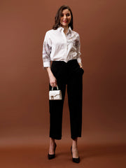 Roll-Up Sleeves Applique Cotton Shirt Style Top