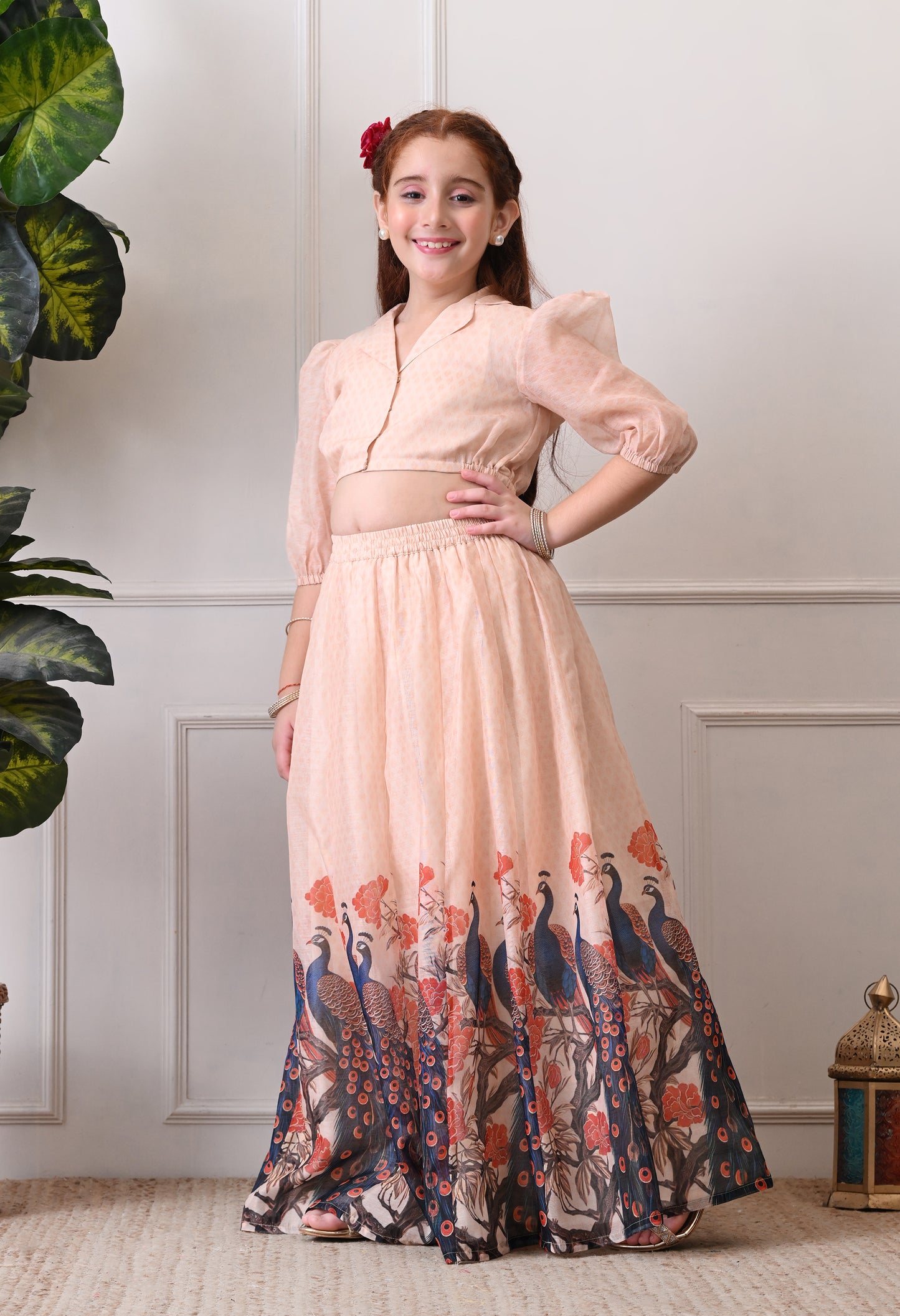 Girls Peach Peacock Print Lehenga Set with Puff Sleeve Blouse