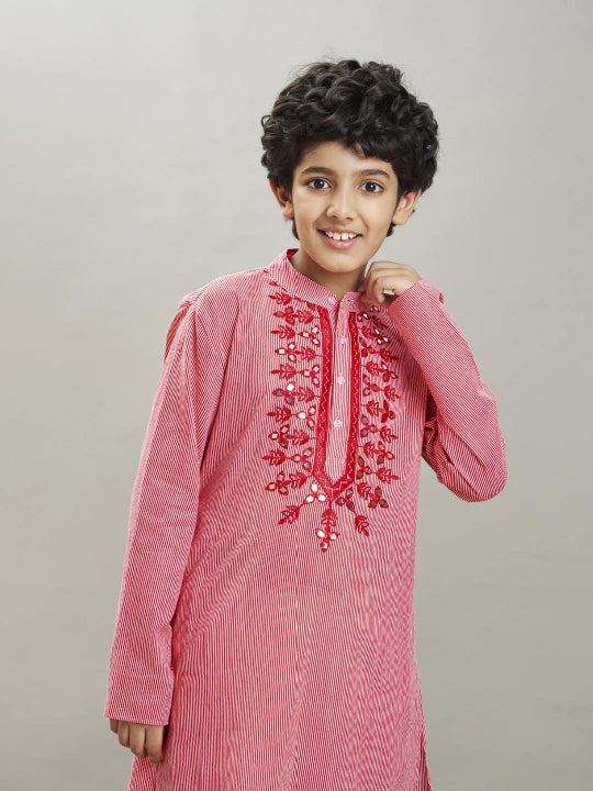 Boys red white stripe embroidery kurta with a off white pajama