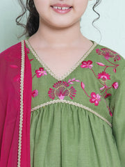 Girls Green Embroidered Alia Design Kurta With Trousers With dupatta