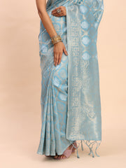 Sky Blue Linen Cotton Saree with Silver Zari Weave & Tassels – Festive & Elegant Office Wear