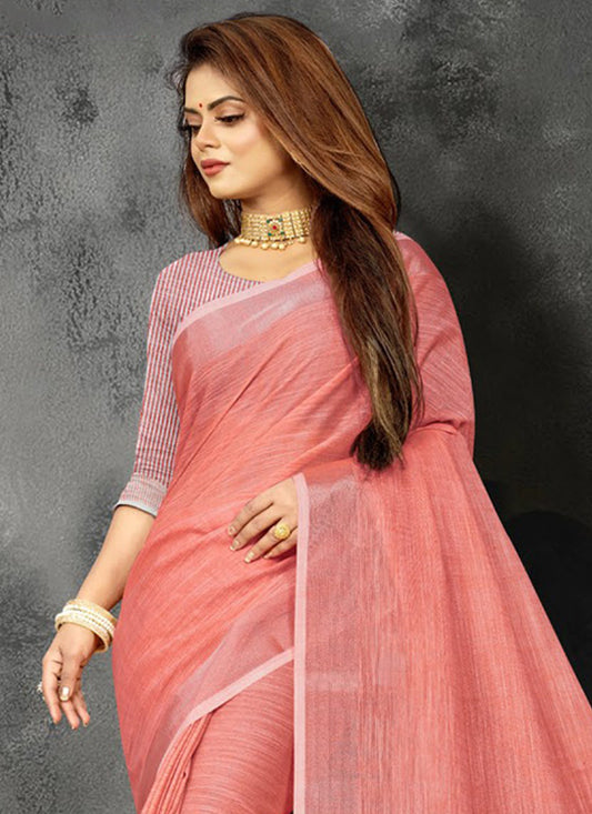 Elegant Peach Woven Linen Saree with Contrast Zari Border & Tassels – Soft & Breathable Party Wear