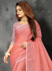 Elegant Peach Woven Linen Saree with Contrast Zari Border & Tassels – Soft & Breathable Party Wear