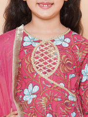cotton Woven Three-Quarter Sleeves Floral Print Flared Kurta And Sharara With Dupatta Set - Pink