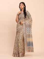 Soft Linen Cotton Saree for Women with Blouse | Elegant Cream Beige Saree with Peach Floral Print & Subtle Zari Border | Lightweight Daily & Festive Wear