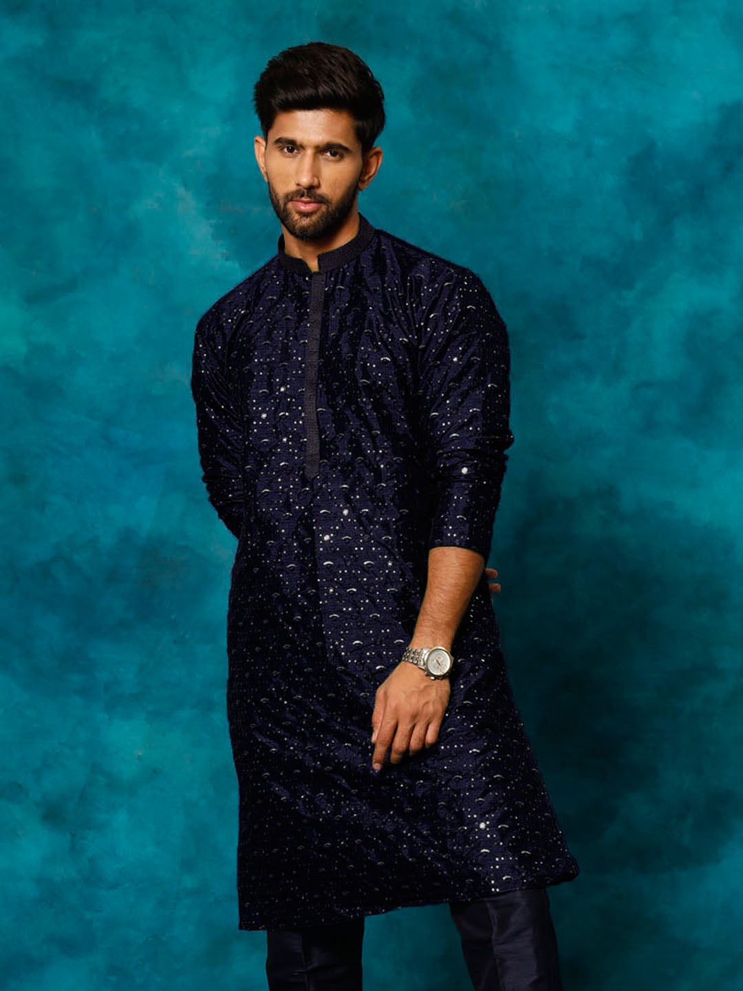 Vastramay-Men's Navy Blue Silk Blend Kurta
