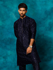 Vastramay-Men's Navy Blue Silk Blend Kurta