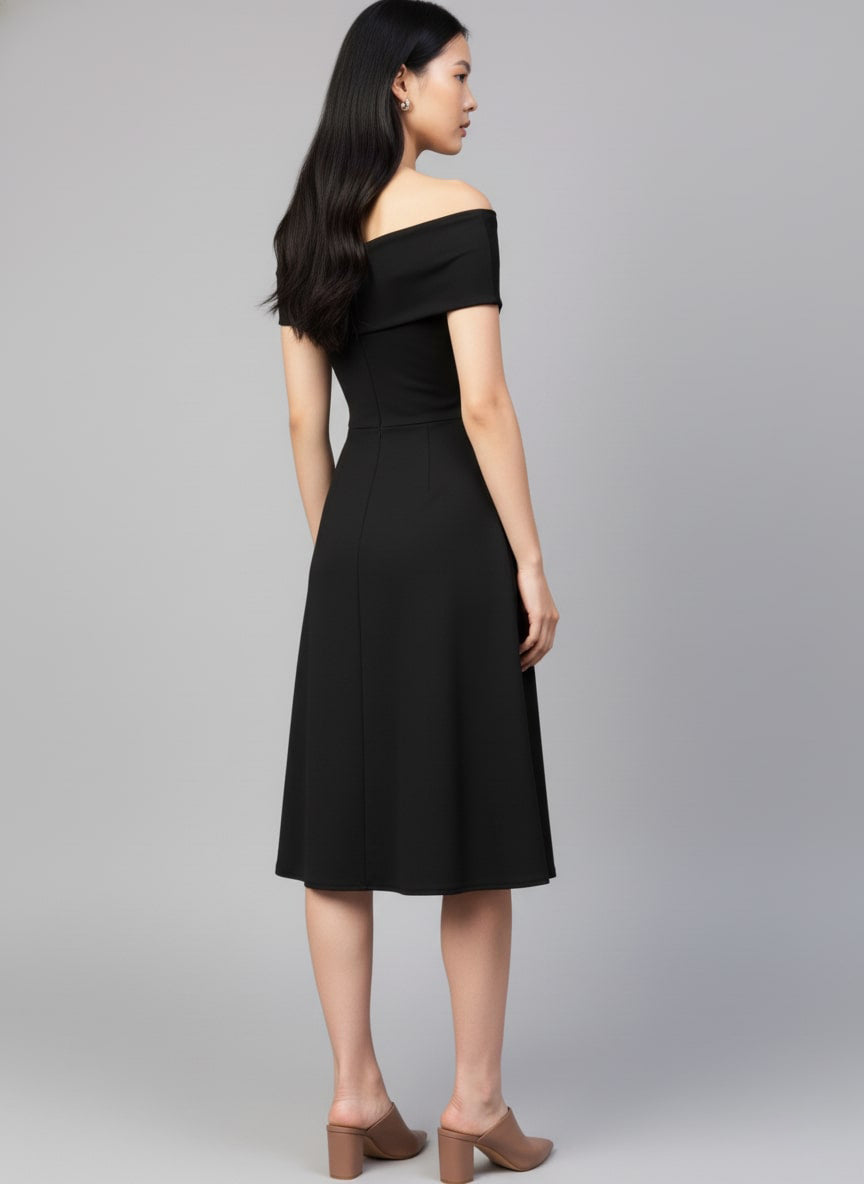 Off-Shoulder Scuba Fit & Flare Dress