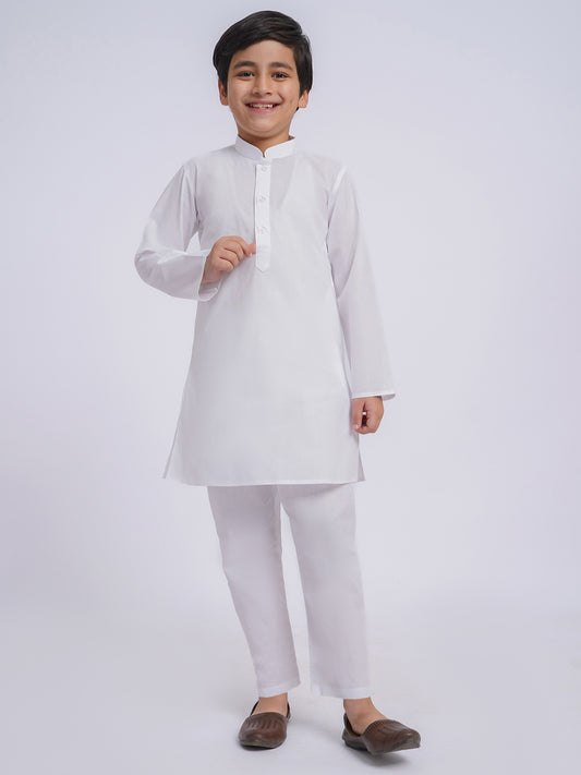 Boys' White Pure Cotton Kurta Pyjama Set