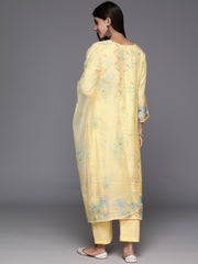 Women Yellow Abstract Printed Round Neck Straight Pure Muslin Kurta Paired With Tonal Bottom And   Organza Embroiderd Dupatta