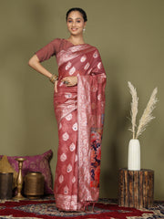 Green Floral Linen Cotton Saree with Zari Border & Digital Printed Pallu – Elegant Sari for Festive Occasions