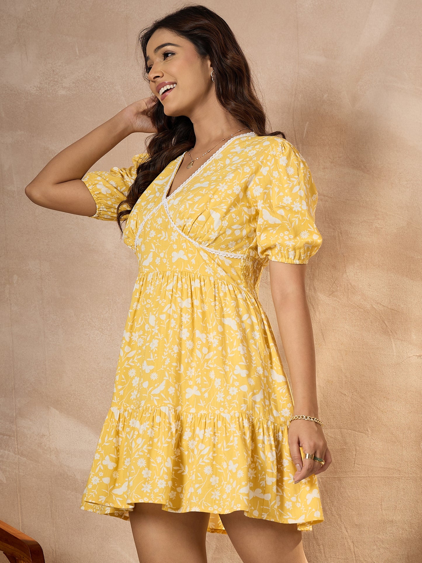StyleStone Women's Cotton Yellow Floral Dress with Lace detail