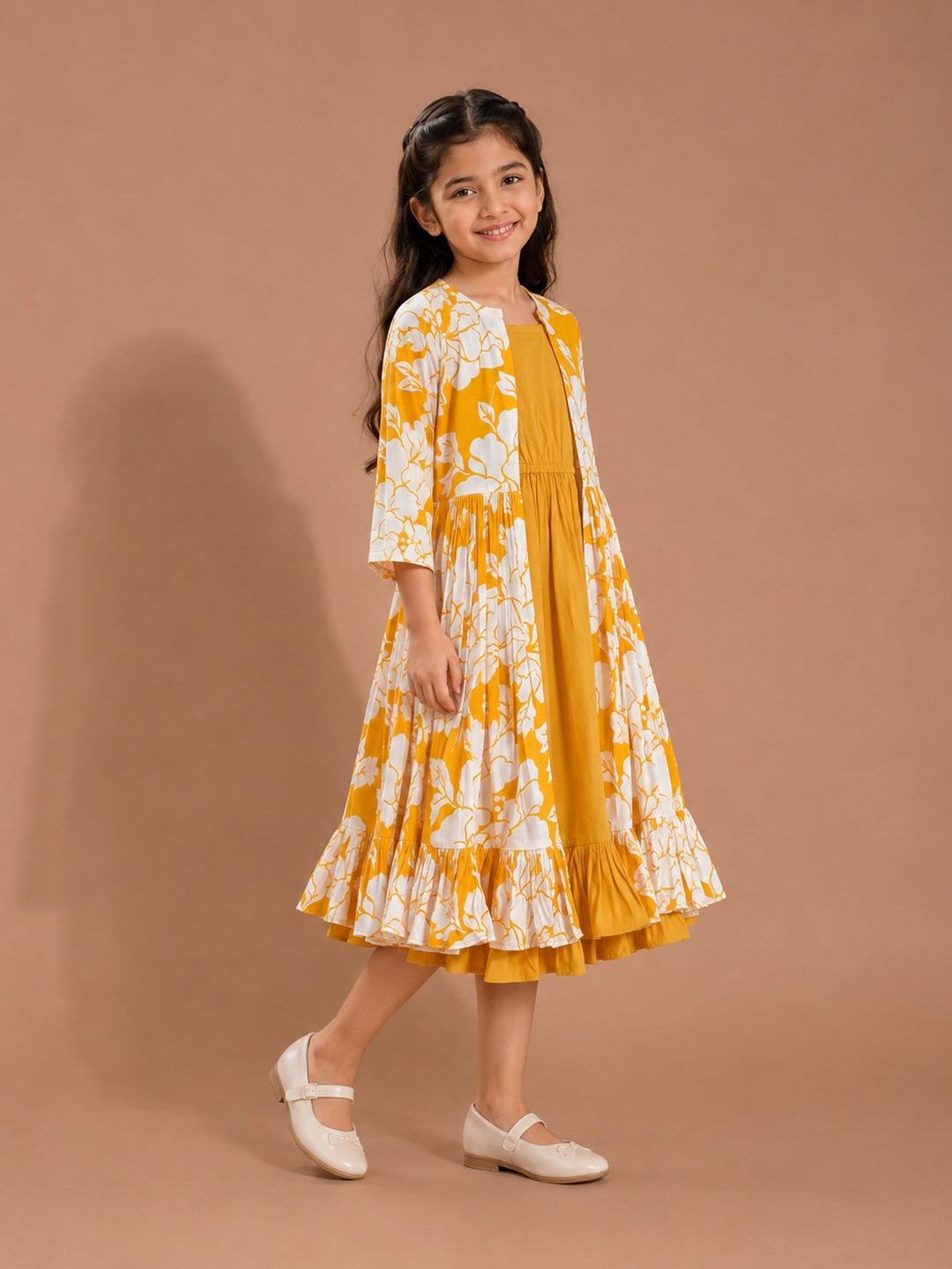 Yellow Floral Printed Midi Dress For Girls