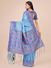 Premium Pink & Sky Blue Floral Woven Lichi Silk Saree with Rich Pallu & Tassels – Festive & Party Wear for Women