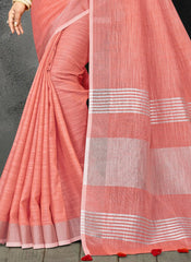 Elegant Peach Woven Linen Saree with Contrast Zari Border & Tassels – Soft & Breathable Party Wear