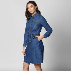 Women's Denim Double Pocket Zip Dress