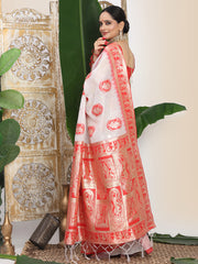 Premium Woven Linen Cotton Saree with Traditional Zari Border – Elegant Festive Look Perfect for Durga Puja, Navratri & Bengali Celebrations