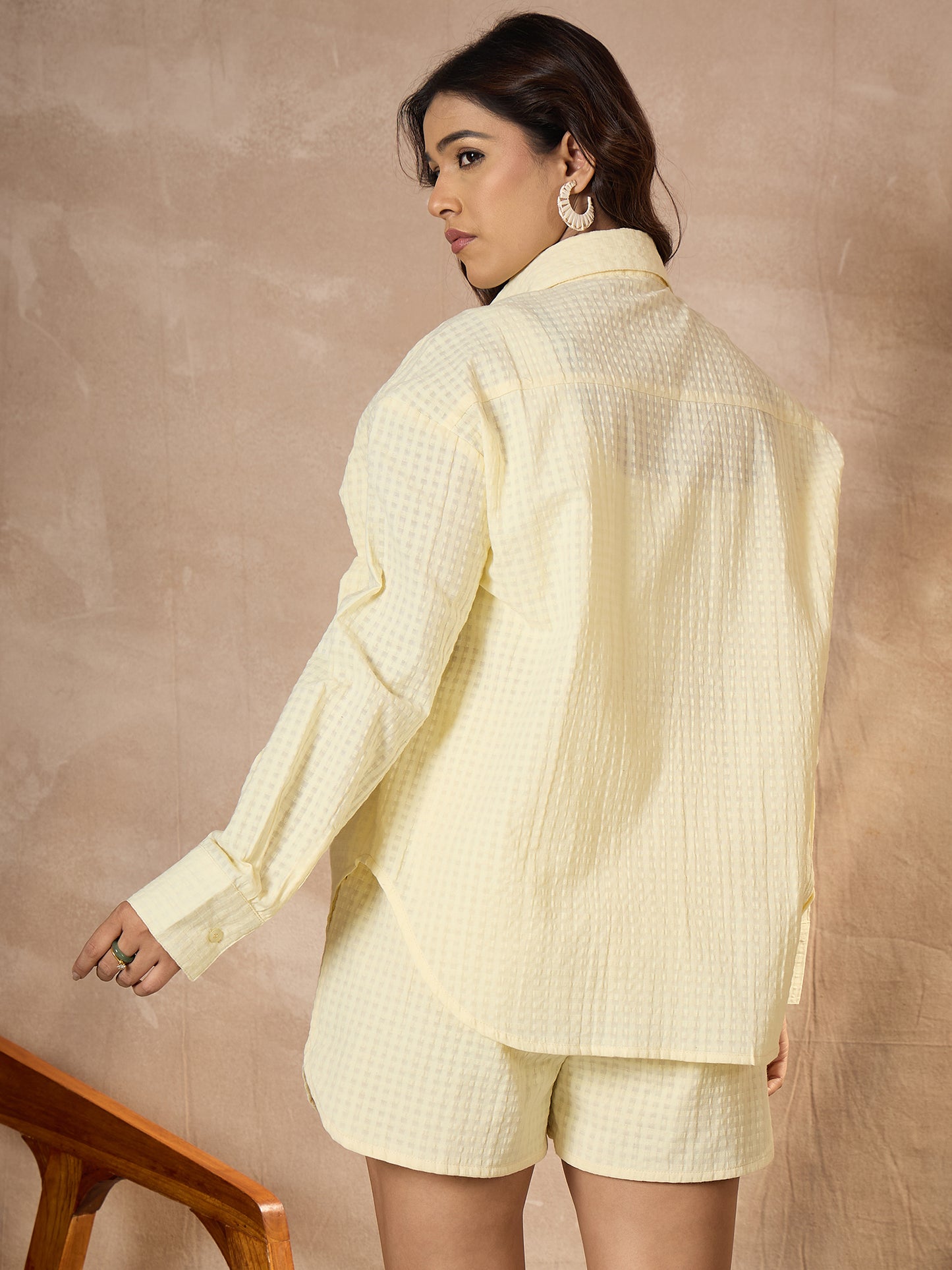 StyleStone Women's Oversized Lemon Seer Sucker Shirt & Shorts Set