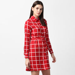 Women's Red and White Check Shirt Dress with Belt