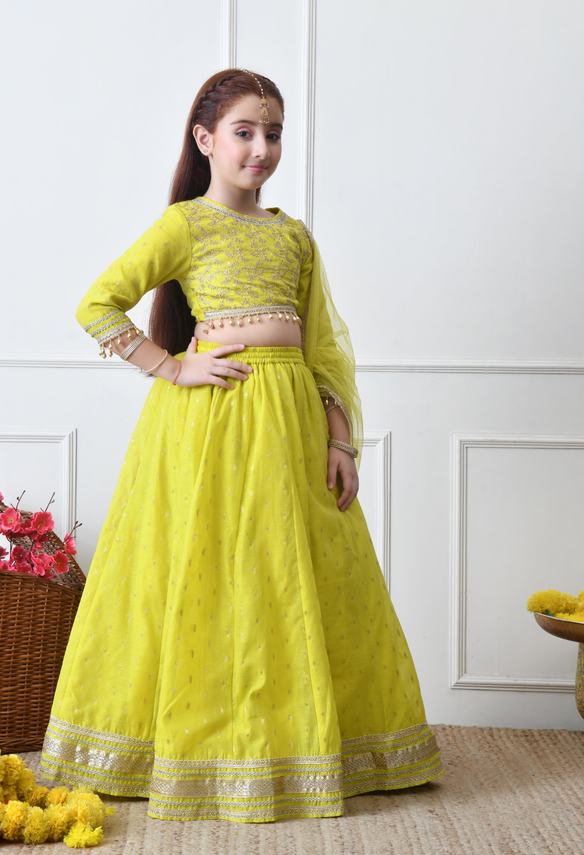 Girls Lime Green Embroidered Lehenga Choli Set with Net Dupatta