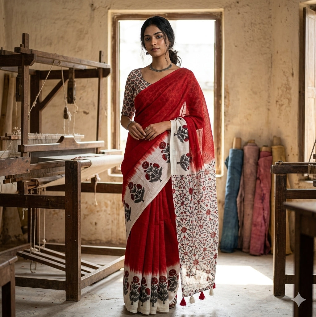 Soft linen saree with shaded style prints.