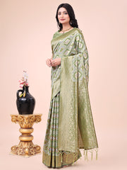 Graceful Pink Lichi Silk Saree with Contrast Blue Woven Border & Floral Zari Design – Wedding & Festive Wear