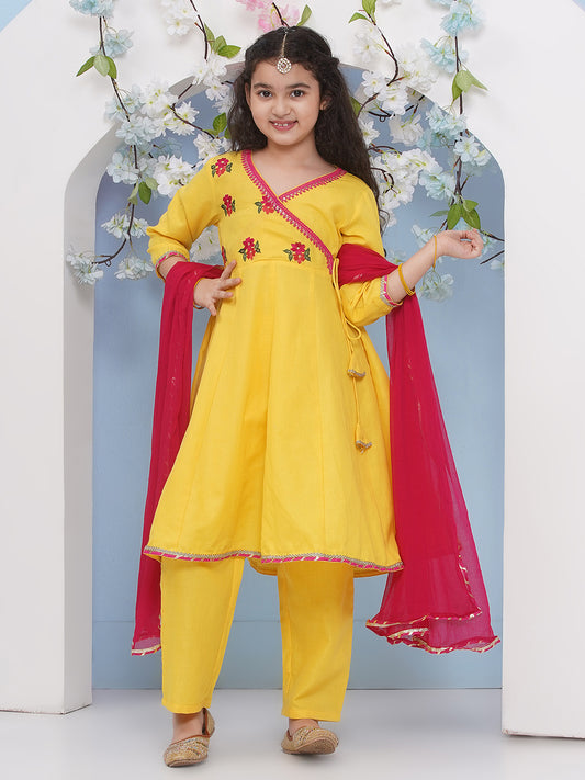 Girls Yellow Embroidered Angrakha Kurta with Trousers with dupatta