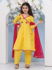 Girls Yellow Embroidered Angrakha Kurta with Trousers with dupatta
